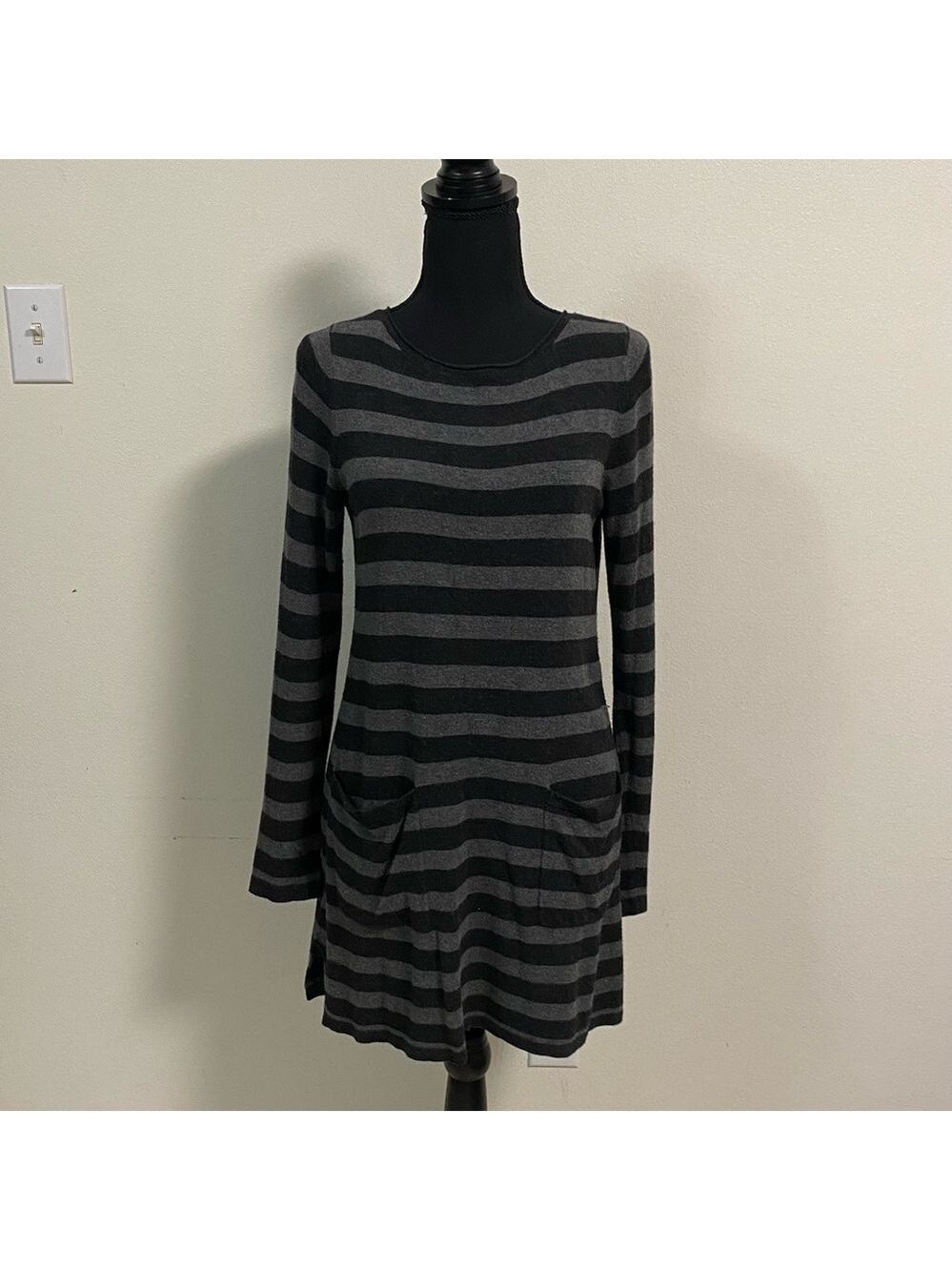 Eileen Fisher Dress Womens Size XS Black Gray stripe Viscose Stretch Tunic Dress